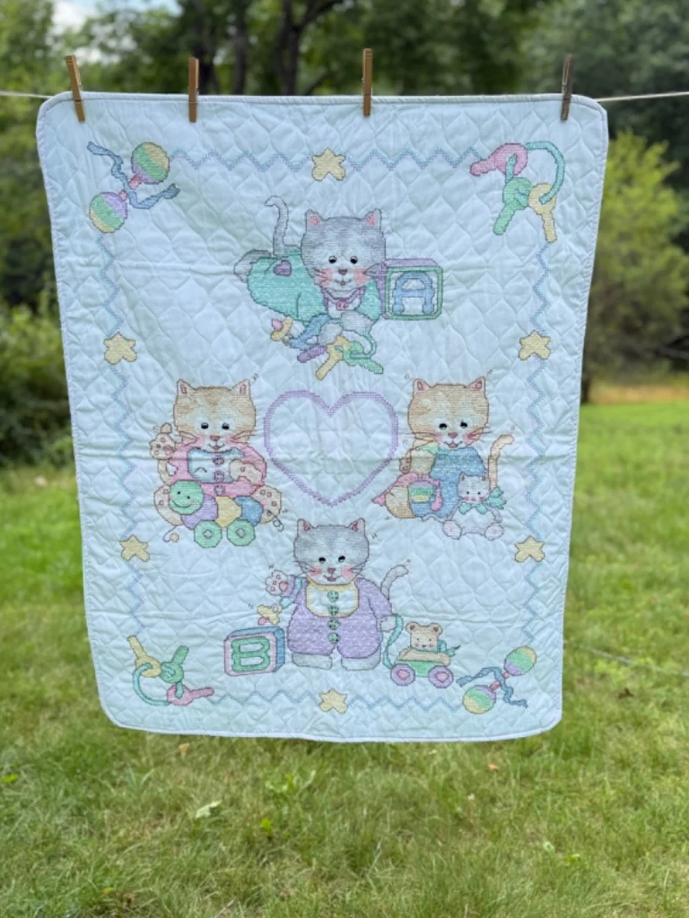 New 1990s Finished Baby Blanket Cross Stitch Kittens Cats Quilted Green Lining